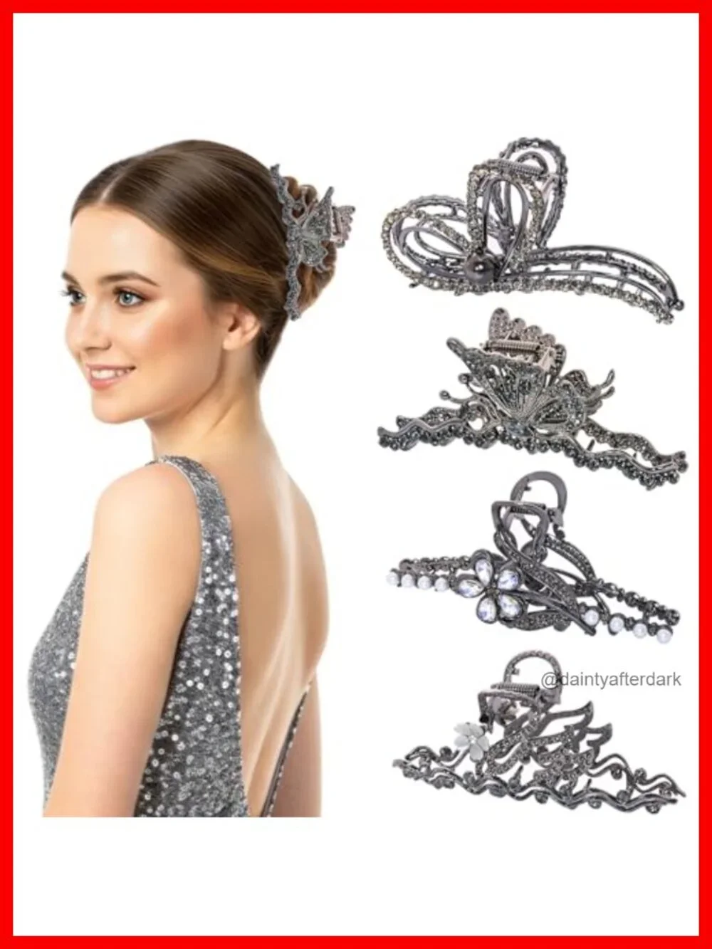4 Pack Large Black Metal Hair Claw Clips for Women, Rhinestone Faux Pearl